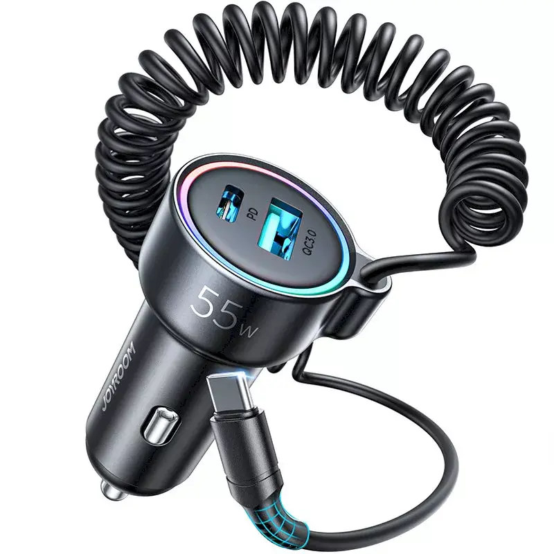 Automobilinis įkroviklis Joyroom JR-CL07 3-in-1 60W su įmontuotu USB-C laidu 1,6 m, juodas