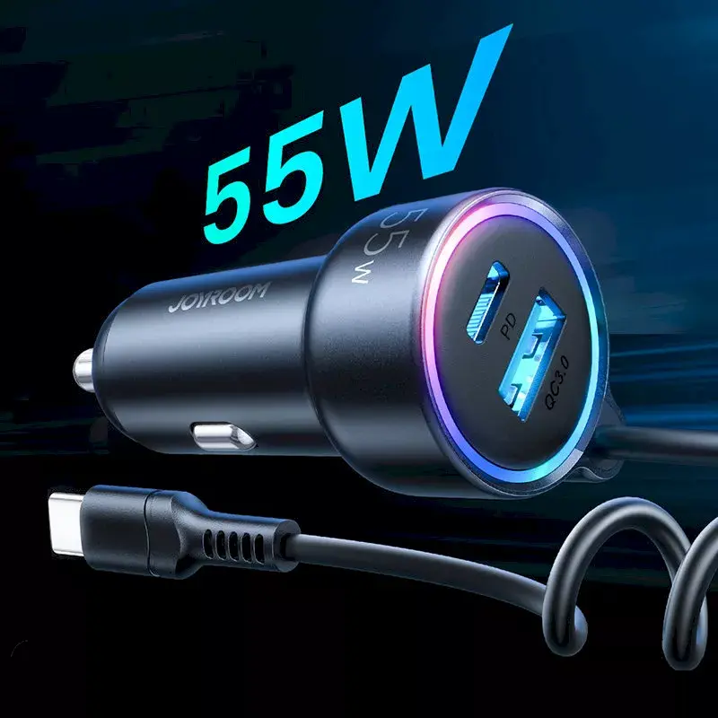 Automobilinis įkroviklis Joyroom JR-CL07 3-in-1 60W su įmontuotu USB-C laidu 1,6 m, juodas