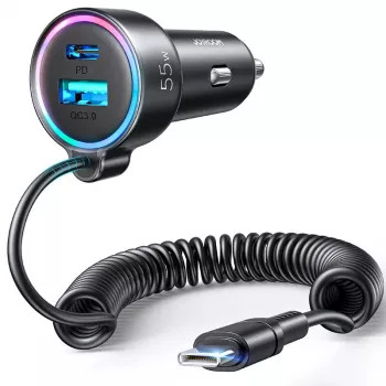 Automobilinis įkroviklis Joyroom JR-CL07 3-in-1 60W su įmontuotu USB-C laidu 1,6 m, juodas