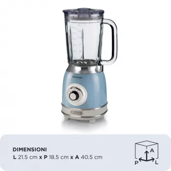 Ariete 583, „Vintage“ trintuvas su 1,5 litro stikline taure, 4 nerūdijančio plieno peiliais, 4 greičiais + impulsiniu režimu, 1000 W, mėlynas