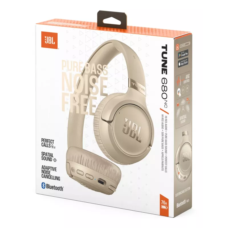 Ausinės JBL Tune 680NC, laidinės ir belaidės (Bluetooth, USB-C), antausinės, galvos juosta, smėlio spalvos, 20–20000 Hz, 161 g