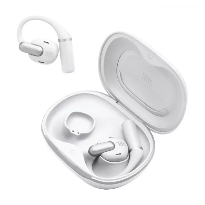 Ausinės JBL Sense Pro TWS su ausies kabliuku, skambučiams ir muzikai, 20–40000 Hz, USB-C įkrovimo stovas, balta