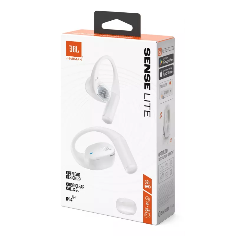 Ausinės JBL Sense Lite — belaidės Bluetooth su ausies kabliuku, intraauralinės, 20–20000 Hz, 83,5 g, baltos