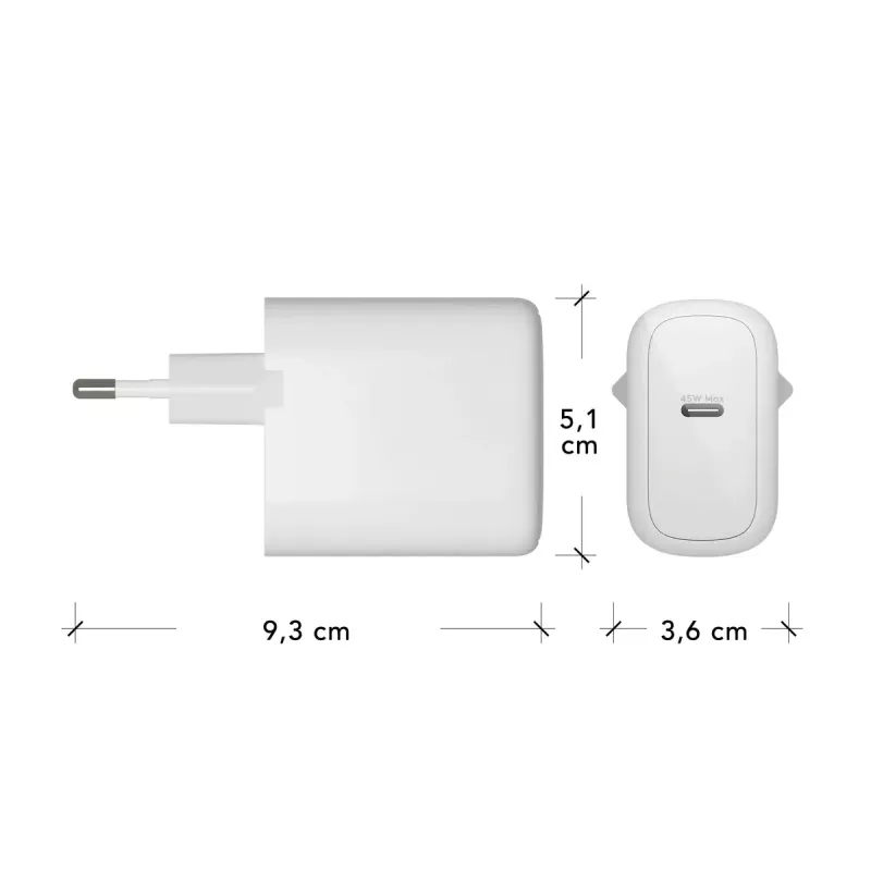 Sieninis USB-C įkroviklis 45 W d bramante re-charge Pro — vidinis AC, 110–240 V, baltas