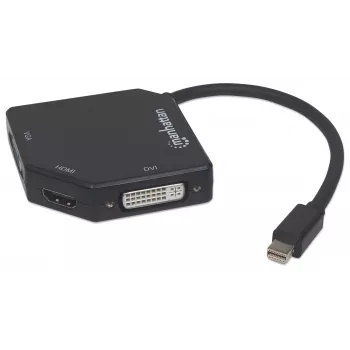 Manhattan Mini DisplayPort 1.2 to HDMI, DVI and VGA adapterio laidas (3-in-1), 25 cm, juodas, kištukas–lizdas, pasyvus, HDMI 4K@30Hz, VGA ir DVI 1080p@60Hz, atitinka MDP2VGDVHD, suderinamas su DVD-D, trejų metų garantija, blisteris