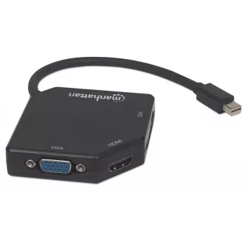 Manhattan Mini DisplayPort 1.2 to HDMI, DVI and VGA adapterio laidas (3-in-1), 25 cm, juodas, kištukas–lizdas, pasyvus, HDMI 4K@30Hz, VGA ir DVI 1080p@60Hz, atitinka MDP2VGDVHD, suderinamas su DVD-D, trejų metų garantija, blisteris