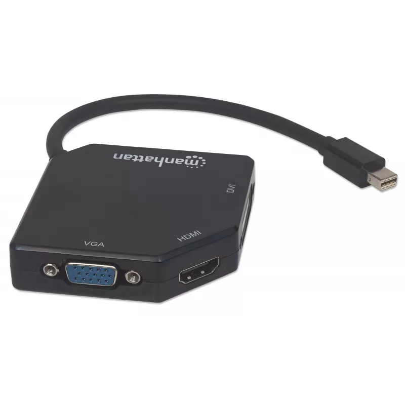 Manhattan Mini DisplayPort 1.2 to HDMI, DVI and VGA adapterio laidas (3-in-1), 25 cm, juodas, kištukas–lizdas, pasyvus, HDMI 4K@30Hz, VGA ir DVI 1080p@60Hz, atitinka MDP2VGDVHD, suderinamas su DVD-D, trejų metų garantija, blisteris