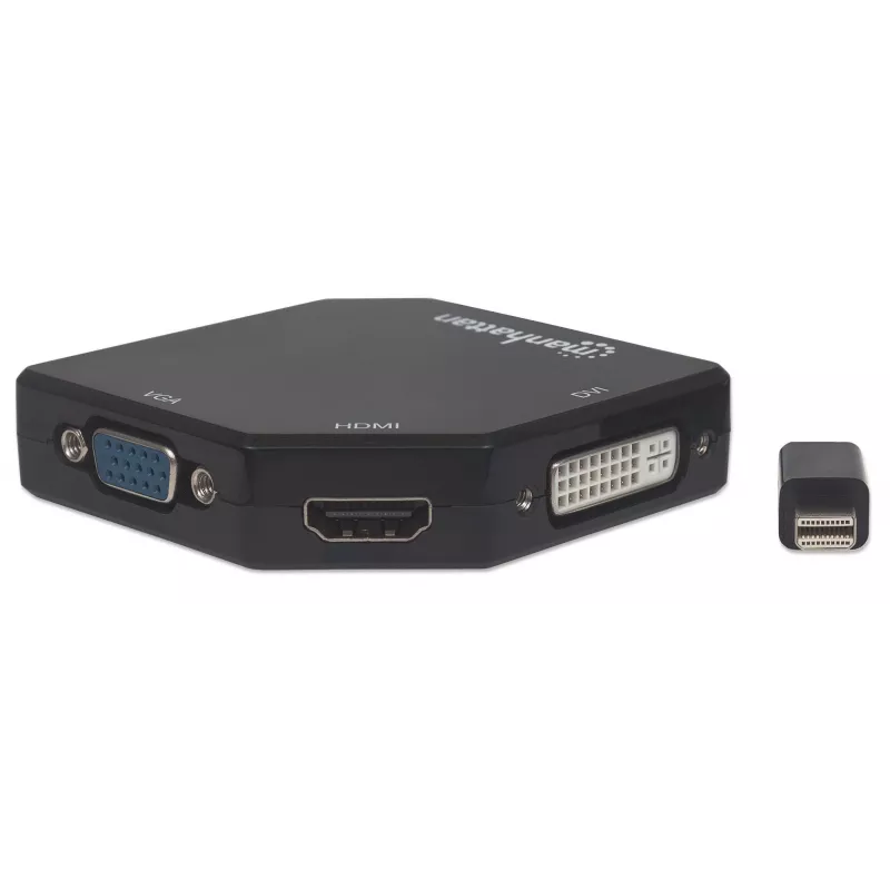 Manhattan Mini DisplayPort 1.2 to HDMI, DVI and VGA adapterio laidas (3-in-1), 25 cm, juodas, kištukas–lizdas, pasyvus, HDMI 4K@30Hz, VGA ir DVI 1080p@60Hz, atitinka MDP2VGDVHD, suderinamas su DVD-D, trejų metų garantija, blisteris