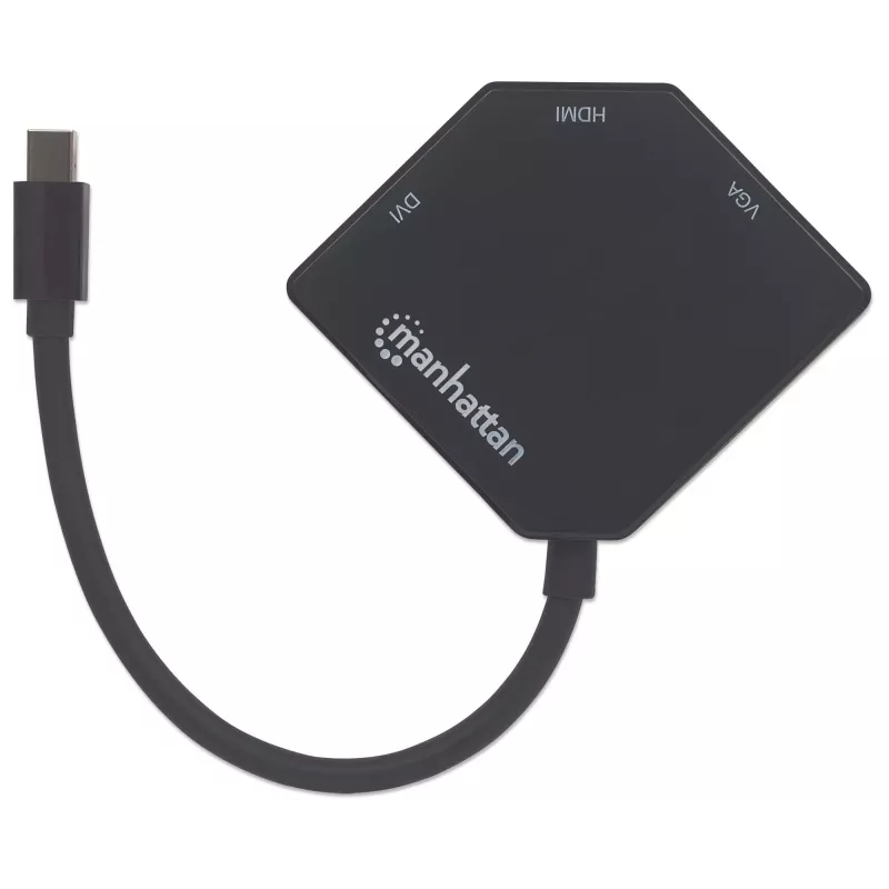 Manhattan Mini DisplayPort 1.2 to HDMI, DVI and VGA adapterio laidas (3-in-1), 25 cm, juodas, kištukas–lizdas, pasyvus, HDMI 4K@30Hz, VGA ir DVI 1080p@60Hz, atitinka MDP2VGDVHD, suderinamas su DVD-D, trejų metų garantija, blisteris