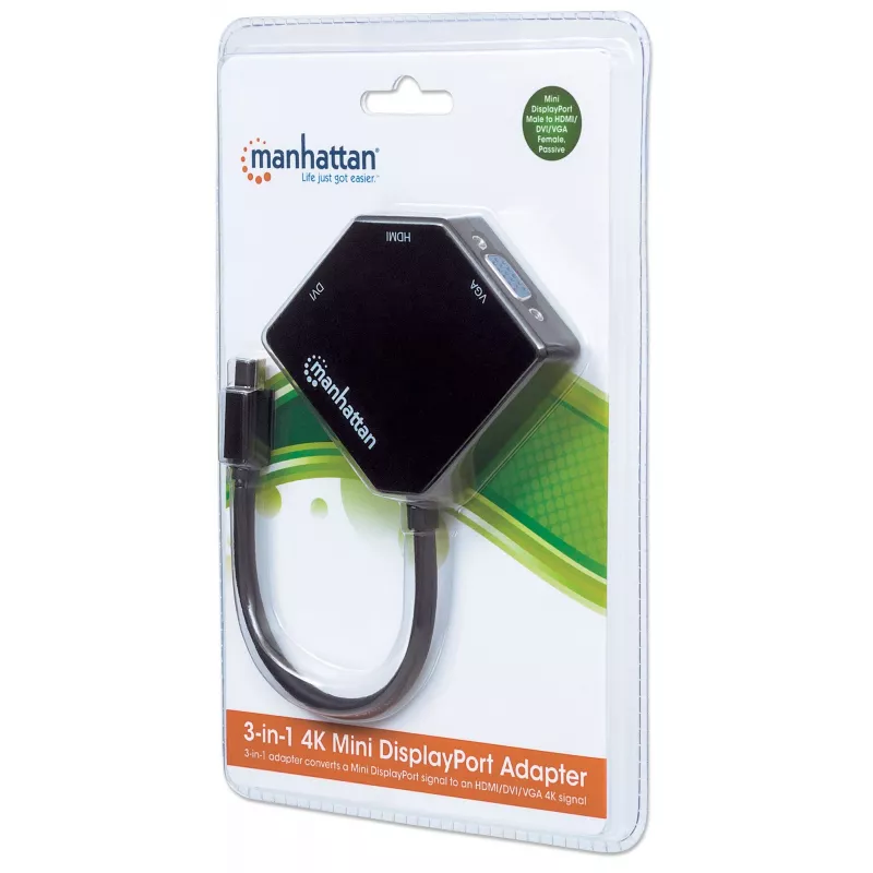 Manhattan Mini DisplayPort 1.2 to HDMI, DVI and VGA adapterio laidas (3-in-1), 25 cm, juodas, kištukas–lizdas, pasyvus, HDMI 4K@30Hz, VGA ir DVI 1080p@60Hz, atitinka MDP2VGDVHD, suderinamas su DVD-D, trejų metų garantija, blisteris