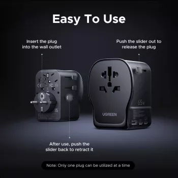 Kintamosios srovės vidaus mobiliojo įrenginio įkroviklis UGREEN 55001 — 2× USB-C, 100–240 V, greitasis įkrovimas, juoda/pilka