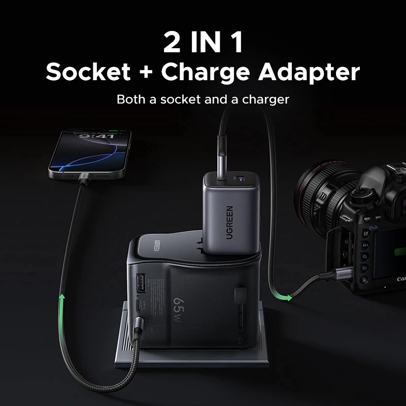Kintamosios srovės vidaus mobiliojo įrenginio įkroviklis UGREEN 55001 — 2× USB-C, 100–240 V, greitasis įkrovimas, juoda/pilka
