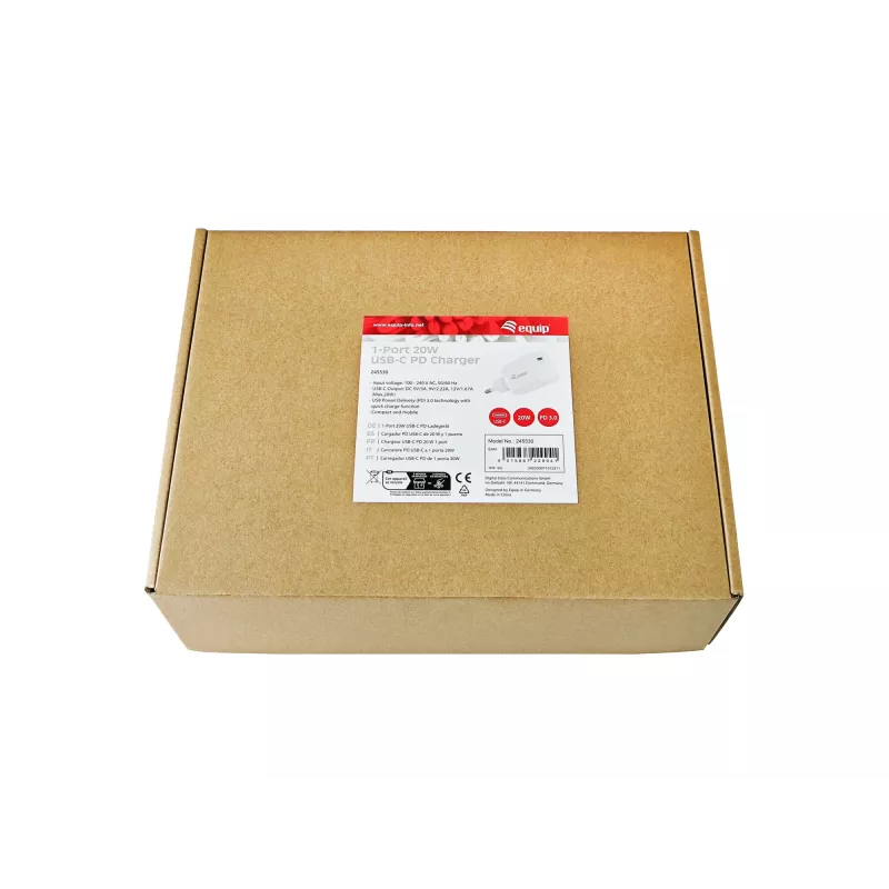 Equip 1 prievado 20 W USB-C PD įkroviklis, vidaus, kintamoji srovė, baltas, 100–240 V