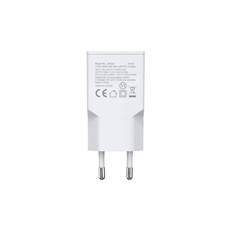 Sieninis įkroviklis EQUIP 1 prievado 20W GaN USB-C PD — 100–240V įvestis, 12V maks. išvestis, balta