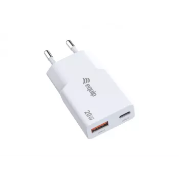 EQUIP 2 prievadų 20 W GaN plonas USB PD įkroviklis — USB-C x1, USB-A x1, įėjimas 100–240 V, maks. išėjimas 12 V, balta