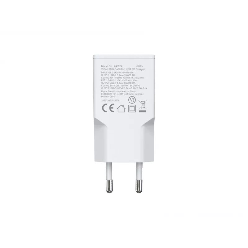 EQUIP 2 prievadų 20 W GaN plonas USB PD įkroviklis — USB-C x1, USB-A x1, įėjimas 100–240 V, maks. išėjimas 12 V, balta