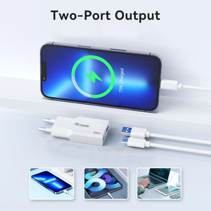 EQUIP 2 prievadų 20 W GaN plonas USB PD įkroviklis — USB-C x1, USB-A x1, įėjimas 100–240 V, maks. išėjimas 12 V, balta
