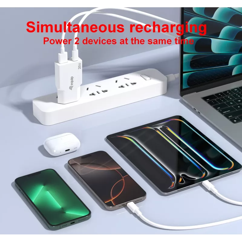 EQUIP 2 prievadų 20 W GaN plonas USB PD įkroviklis — USB-C x1, USB-A x1, įėjimas 100–240 V, maks. išėjimas 12 V, balta