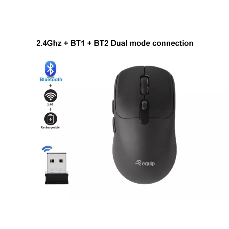 EQUIP abiem rankoms tinkama 6 mygtukų dviejų režimų belaidė pelė, optinė 1600 DPI, RF + Bluetooth, juoda
