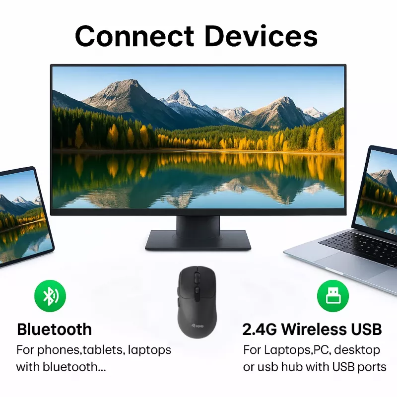 EQUIP abiem rankoms tinkama 6 mygtukų dviejų režimų belaidė pelė, optinė 1600 DPI, RF + Bluetooth, juoda