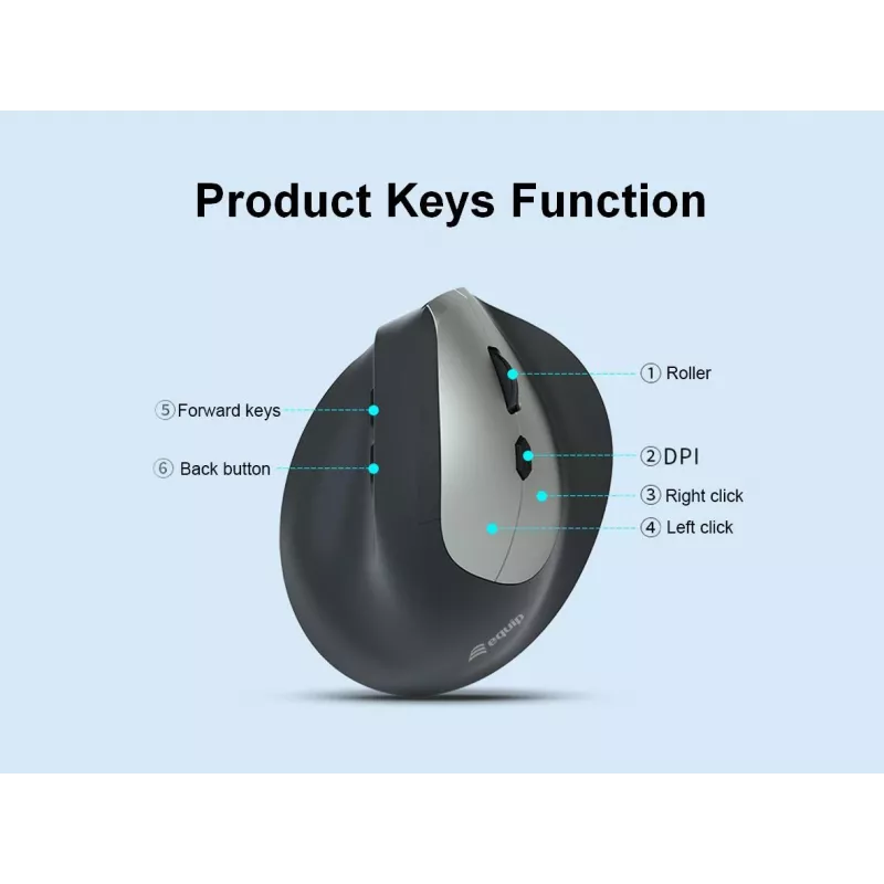EQUIP ergonomic right-hand vertical wireless pelė 1600 DPI, RF Wireless + Bluetooth, rechargeable, 6 buttons, Juoda