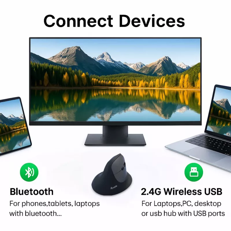 EQUIP ergonomic right-hand vertical wireless pelė 1600 DPI, RF Wireless + Bluetooth, rechargeable, 6 buttons, Juoda
