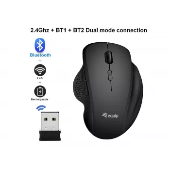 EQUIP 6 mygtukų dviejų režimų įkraunama belaidė pelė — dešiniarankiams, optinė 1600 DPI, RF belaidė + Bluetooth, juoda