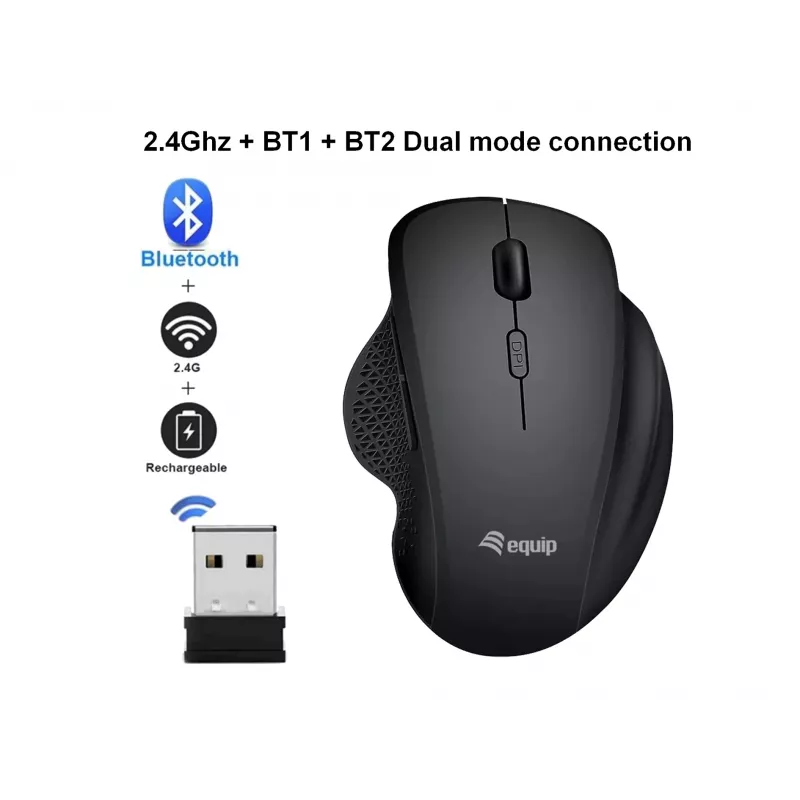 EQUIP 6 mygtukų dviejų režimų įkraunama belaidė pelė — dešiniarankiams, optinė 1600 DPI, RF belaidė + Bluetooth, juoda