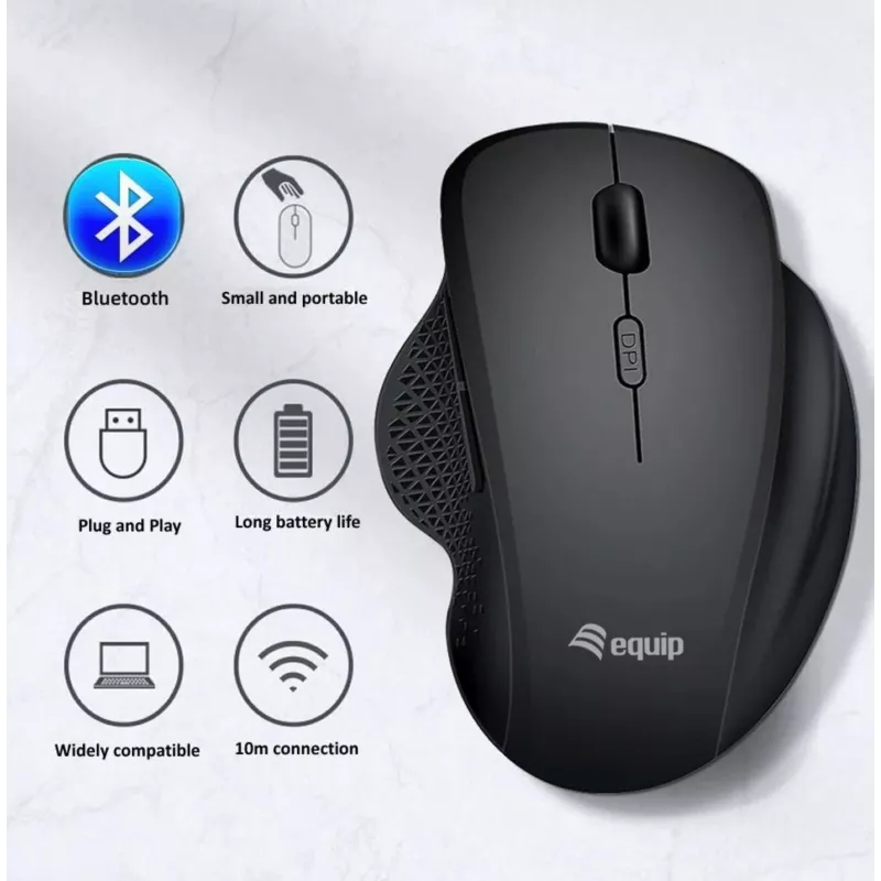 EQUIP 6 mygtukų dviejų režimų įkraunama belaidė pelė — dešiniarankiams, optinė 1600 DPI, RF belaidė + Bluetooth, juoda