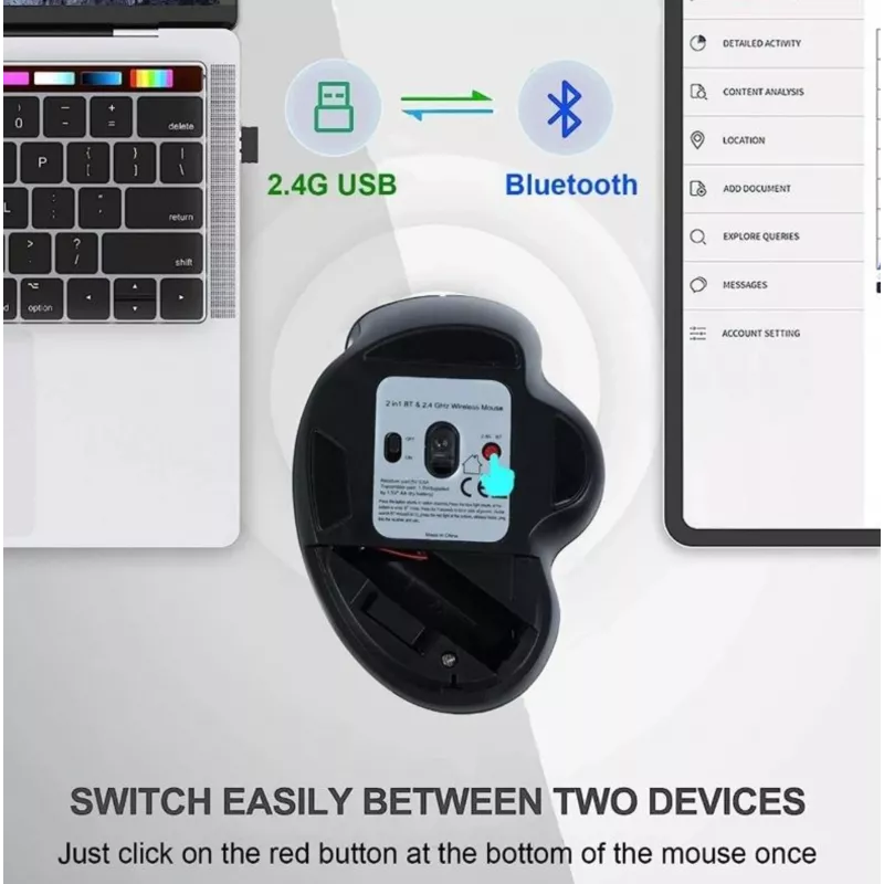 EQUIP 6 mygtukų dviejų režimų įkraunama belaidė pelė — dešiniarankiams, optinė 1600 DPI, RF belaidė + Bluetooth, juoda