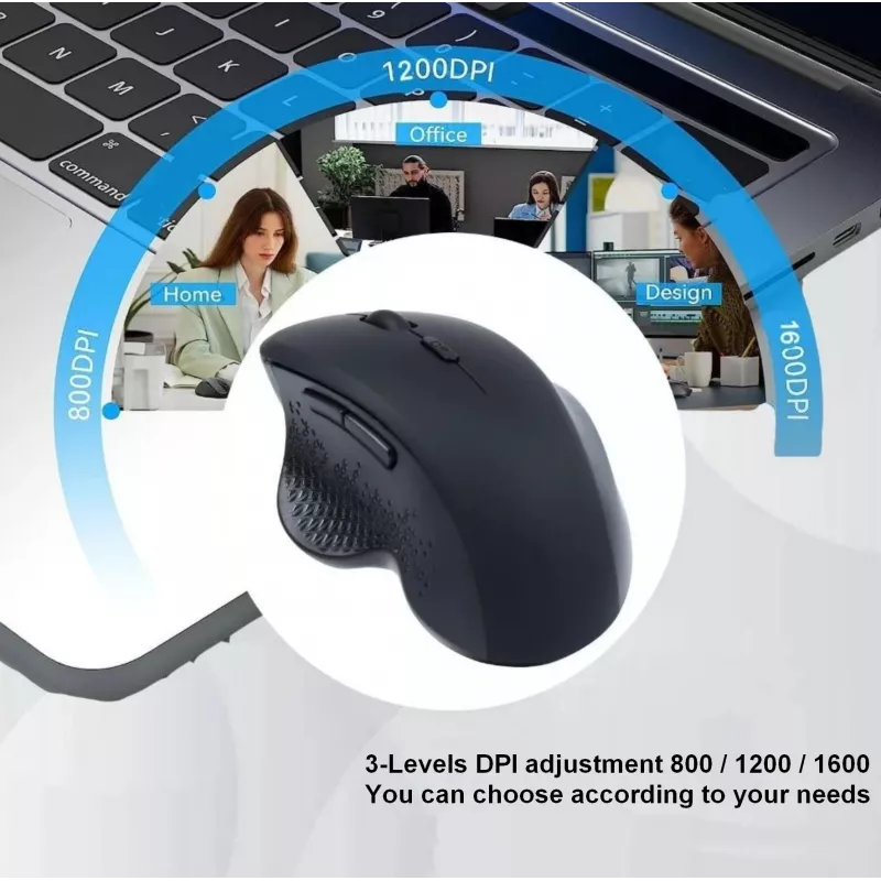 EQUIP 6 mygtukų dviejų režimų įkraunama belaidė pelė — dešiniarankiams, optinė 1600 DPI, RF belaidė + Bluetooth, juoda