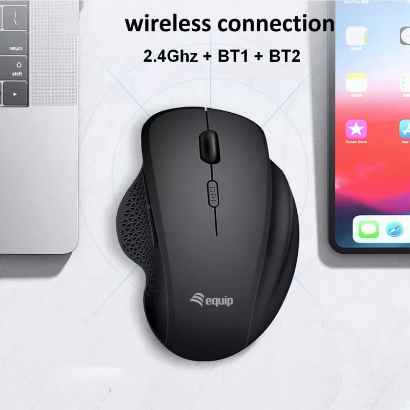 EQUIP 6 mygtukų dviejų režimų įkraunama belaidė pelė — dešiniarankiams, optinė 1600 DPI, RF belaidė + Bluetooth, juoda