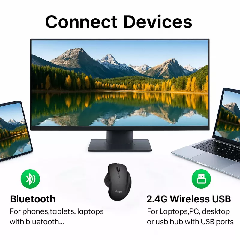 EQUIP 6 mygtukų dviejų režimų įkraunama belaidė pelė — dešiniarankiams, optinė 1600 DPI, RF belaidė + Bluetooth, juoda