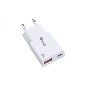 EQUIP 2 prievadų 30 W GaN plonas USB PD įkroviklis — USB‑C x1, USB‑A x1, 100–240 V įvestis, maks. 20 V išvestis, balta