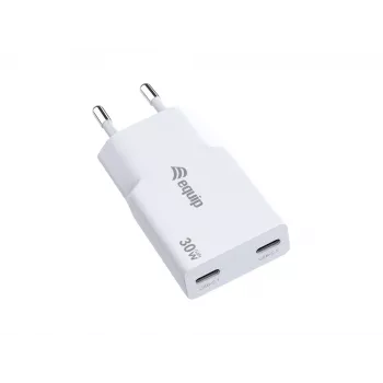 EQUIP 2 prievadų 30 W GaN plonas USB-C PD įkroviklis — 2 USB-C prievadai, 100–240 V įvestis, maks. 20 V išvestis, baltas
