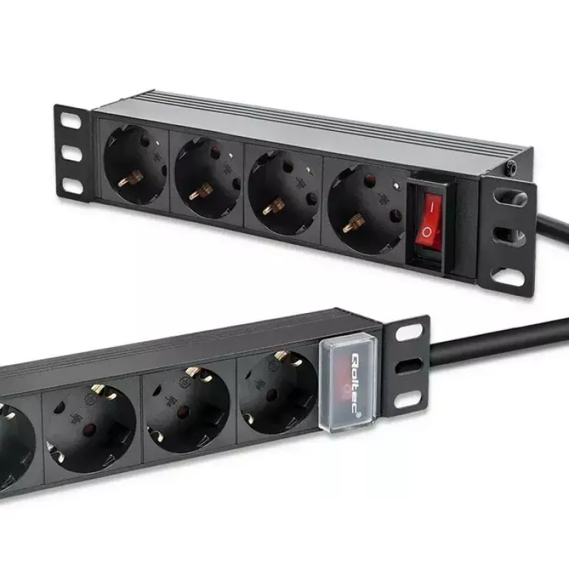 Jungiklinė juosta QOLTEC 54603 — 1U montuojama į stovą, 16A įvestis, 4× SCHUKO lizdai