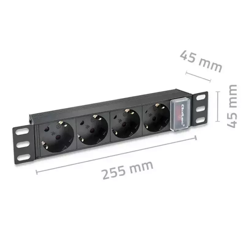 Jungiklinė juosta QOLTEC 54603 — 1U montuojama į stovą, 16A įvestis, 4× SCHUKO lizdai
