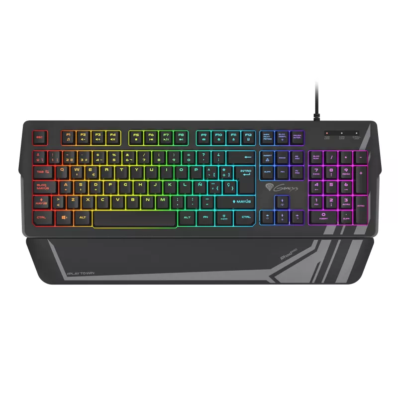 Žaidimų klaviatūra GENESIS Rhod 350 RGB — Viso dydžio 104 klavišų USB QWERTY ispaniška, juoda, RGB apšvietimas, riešo atrama