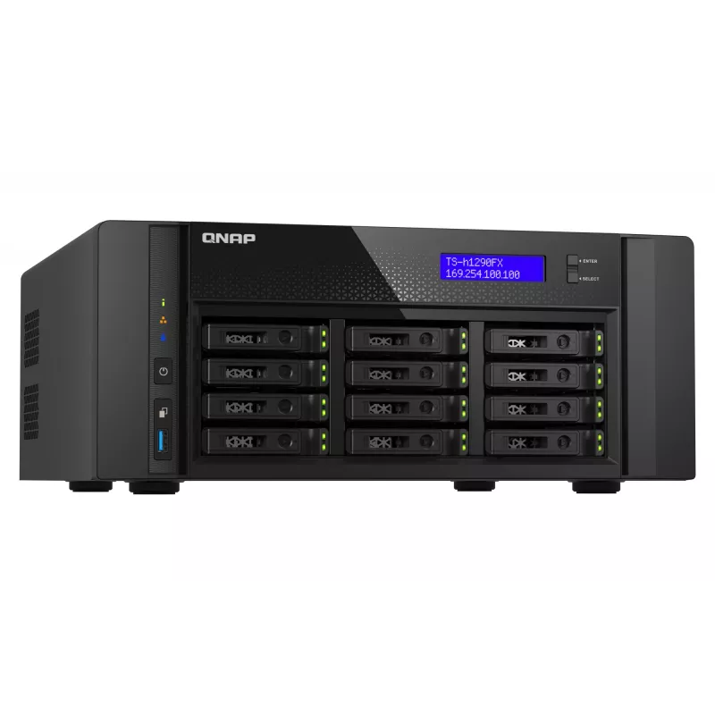 NAS bokštinis QNAP TS-h1290FX — EPYC 7302P 3.0 GHz, 128 GB DDR4, 12 lizdų, QuTS hero, juoda