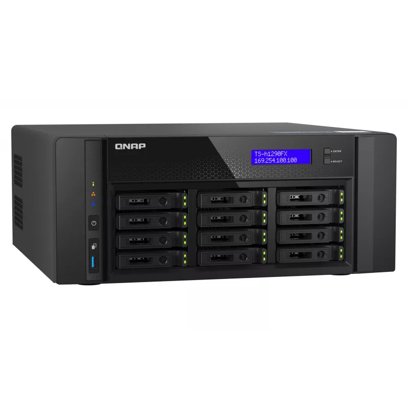 NAS bokštinis QNAP TS-h1290FX — EPYC 7302P 3.0 GHz, 128 GB DDR4, 12 lizdų, QuTS hero, juoda