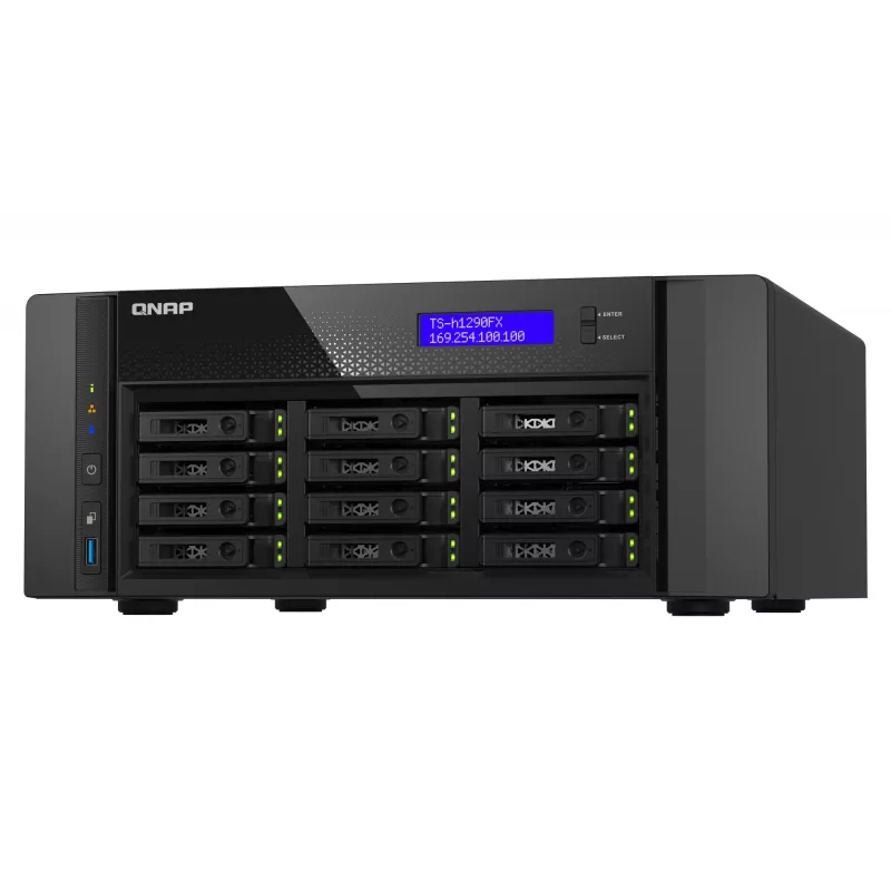 NAS bokštinis QNAP TS-h1290FX — EPYC 7302P 3.0 GHz, 128 GB DDR4, 12 lizdų, QuTS hero, juoda