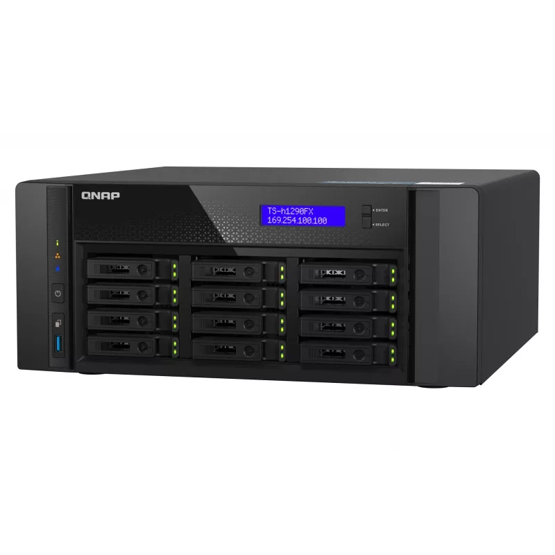 NAS bokštinis QNAP TS-h1290FX — EPYC 7302P 3.0 GHz, 128 GB DDR4, 12 lizdų, QuTS hero, juoda