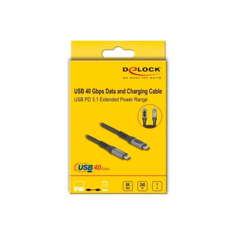 DeLOCK USB 40 Gbps duomenų ir greito įkrovimo koaksialinis kabelis 1 m USB PD 3.1 240 W