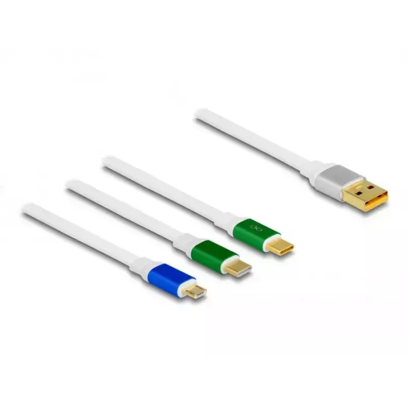 DeLOCK USB 3 in 1 ištraukiamas įkrovimo laidas Type-A į Micro USB / 2 x USB Type-C greitasis įkrovimas 1,13 m