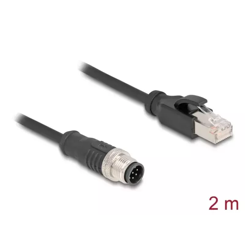 Tinklo kabelis DeLOCK M12 kabelis A koduotas 8 kontaktų kištukinis į RJ45 kištukinį Cat5e 2 m juodas