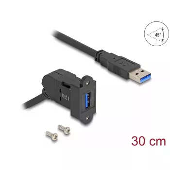 DeLOCK USB 5 Gbps Type-A skydelinis laikiklis, lizdas 45° kampu į kištuką su 30 cm laidu, juodas