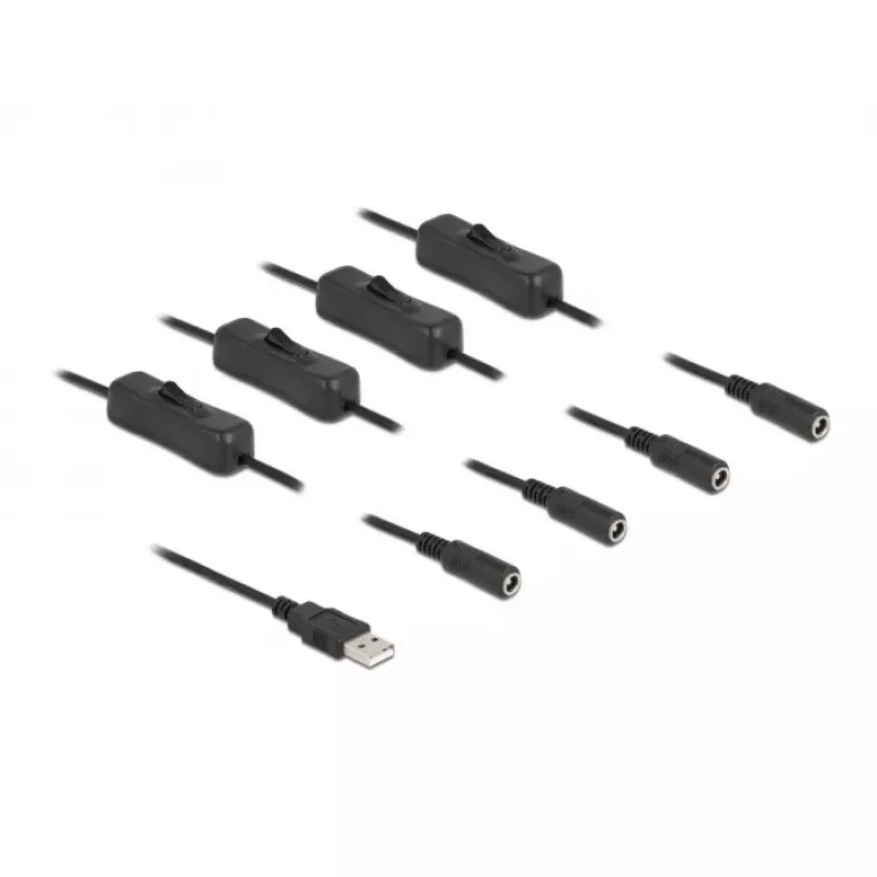 USB Type-A vyriškas į 4 × DC 5,5 x 2,1 mm moteriškas su jungikliu DeLOCK 86799