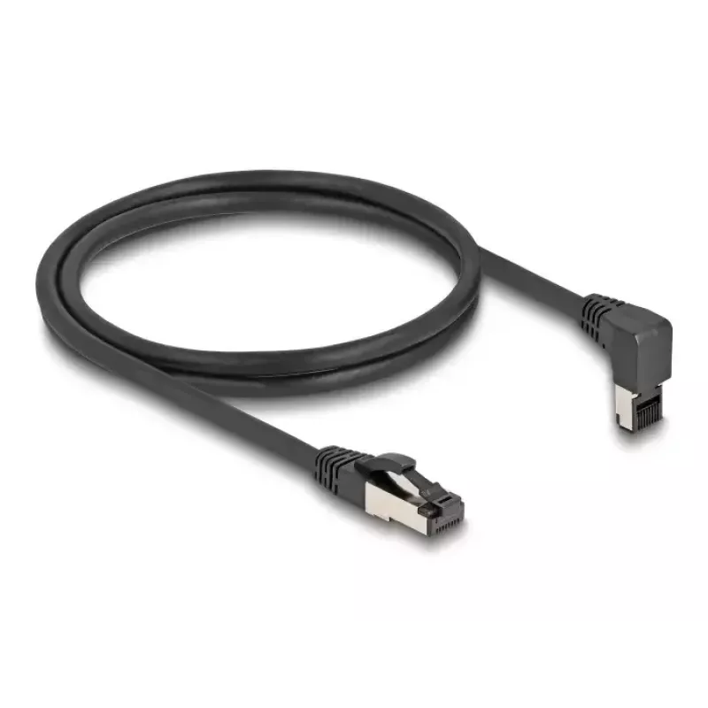 Tinklo kabelis DeLOCK RJ45 Cat.8.1 90° žemyn kampuotas / tiesus 0,5 m juodas