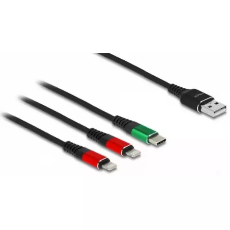 DeLOCK USB įkrovimo laidas 3 viename Type-A į 2 x Lightning USB Type-C 1 m