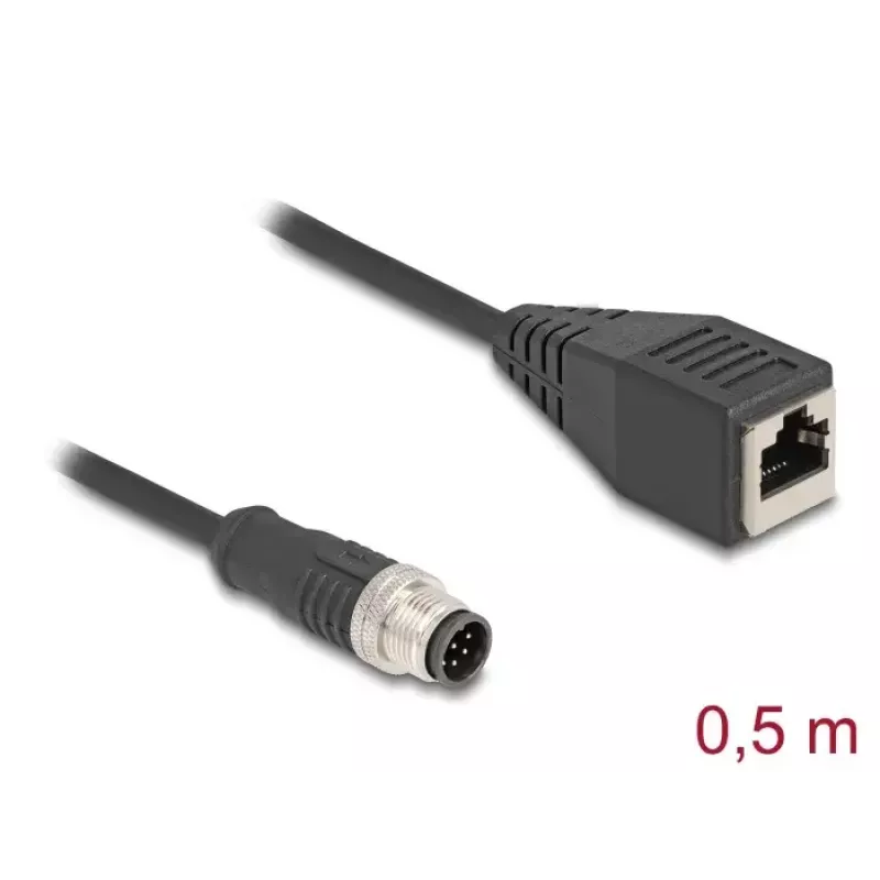 Tinklo kabelis DeLOCK M12 kabelis A koduotas 8 kontaktų kištukas į RJ45 lizdą Cat5e 0,5 m juodas